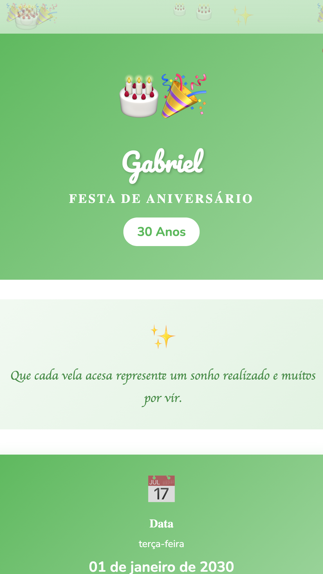 Convite digital de Aniversário — tema Aniversário Festa Verde: Verde festivo com balões e confetes. Alegre e colorido para qualquer aniversário.