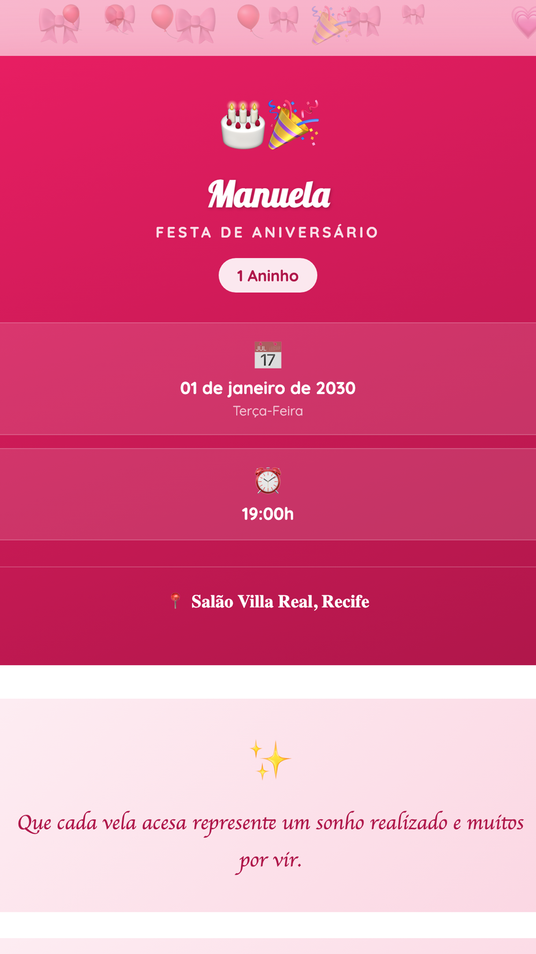 Convite digital de Aniversário — tema Aniversário Festa Rosa: Rosa vibrante com detalhes de laço e balões. Ideal para aniversários femininos.