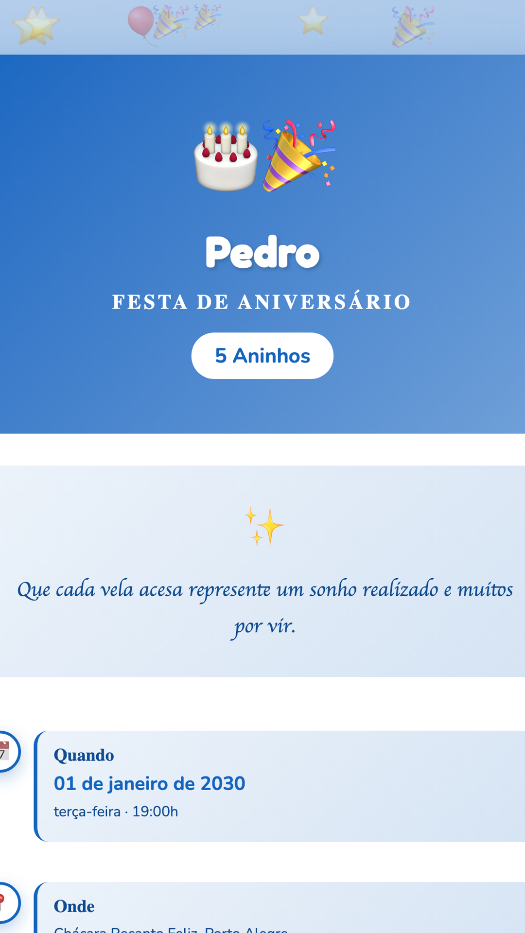 Convite digital de Aniversário — tema Aniversário Azul Confete: Azul intenso com clima de confete. Perfeito para aniversários masculinos e festas infantis...