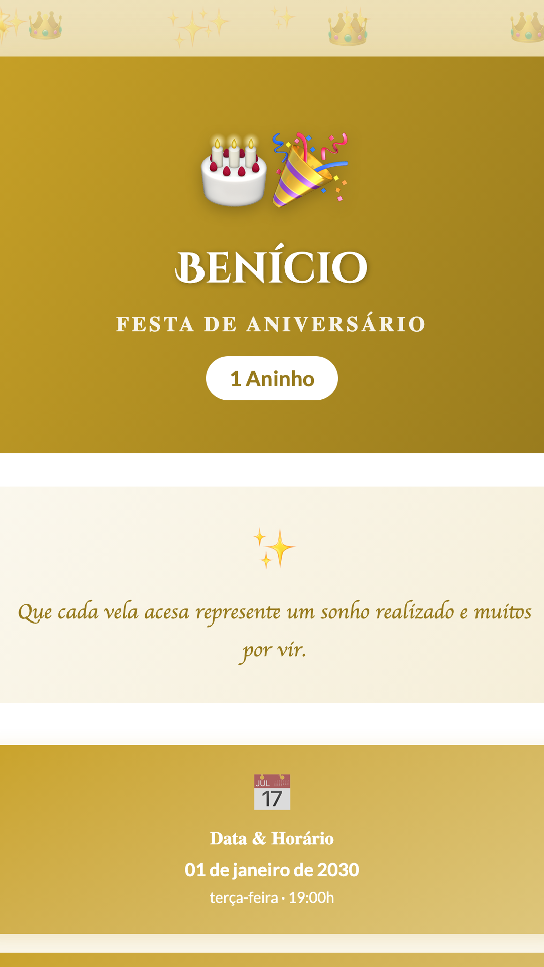 Convite digital de Aniversário — tema Aniversário Dourado Elegante: Dourado e preto com visual luxuoso. Para aniversários sofisticados e comemorações especiai...