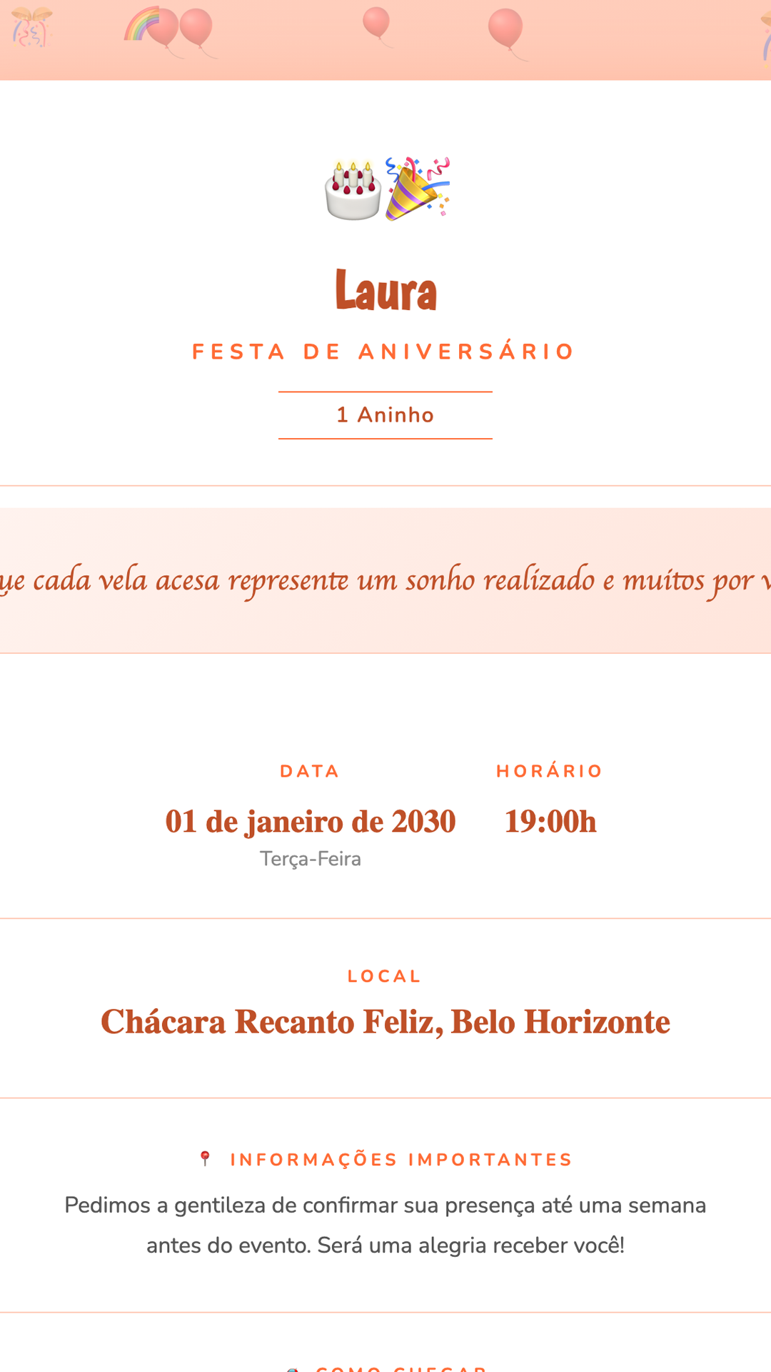 Convite digital de Aniversário — tema Aniversário Laranja Alegre: Laranja vibrante e animado. Design divertido e moderno para qualquer festa.