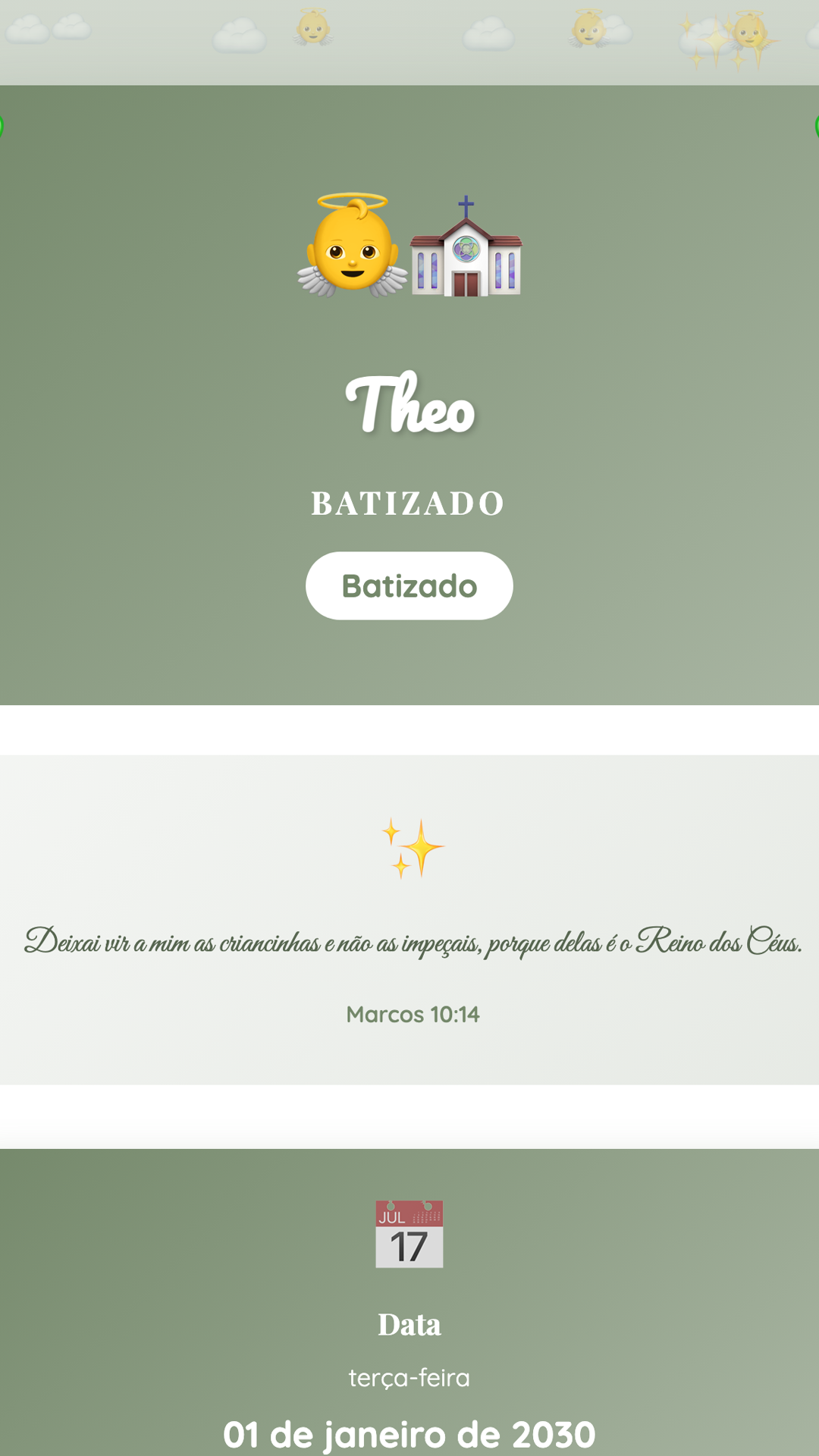 Convite digital de Batizado — tema Batizado: Verde-sálvia, pombas animadas, envelope interativo. Suporta: batizado, versículo bíblico,...