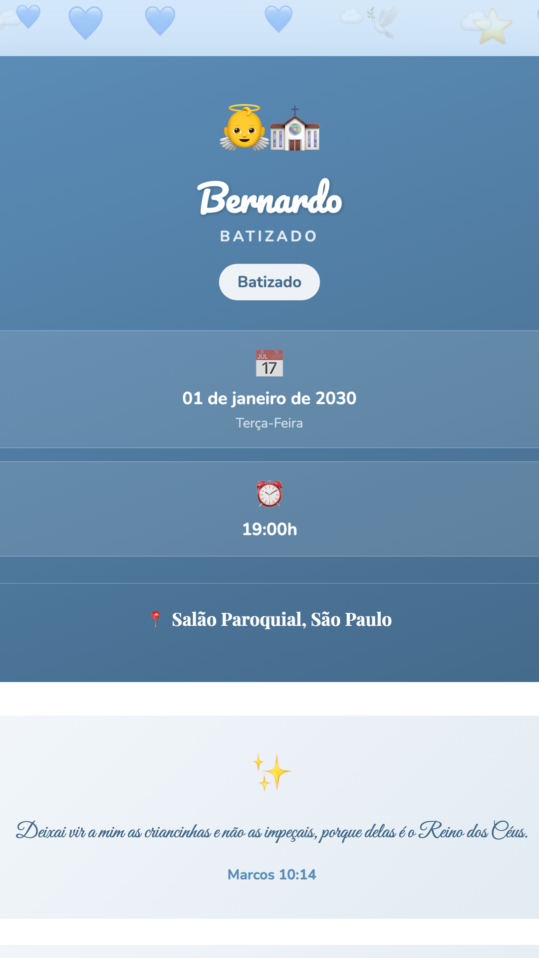 Convite digital de Batizado — tema Batizado Azul Celeste: Azul céu, nuvens e pombas. Design aéreo e delicado ideal para batizados masculinos.