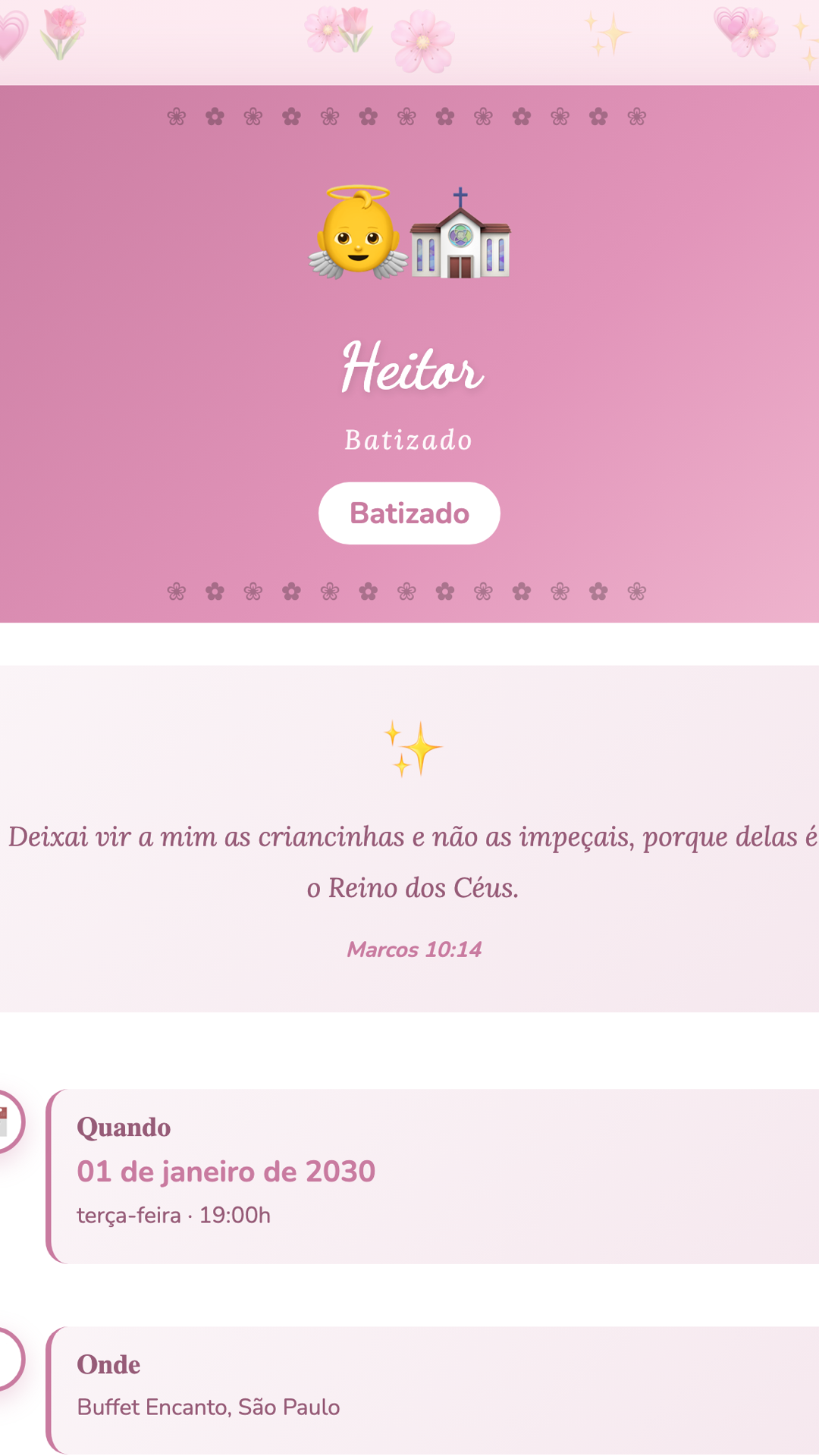 Convite digital de Batizado — tema Batizado Rosa Floral: Rosa delicado com ornamentos florais. Design feminino e encantador para batizados.