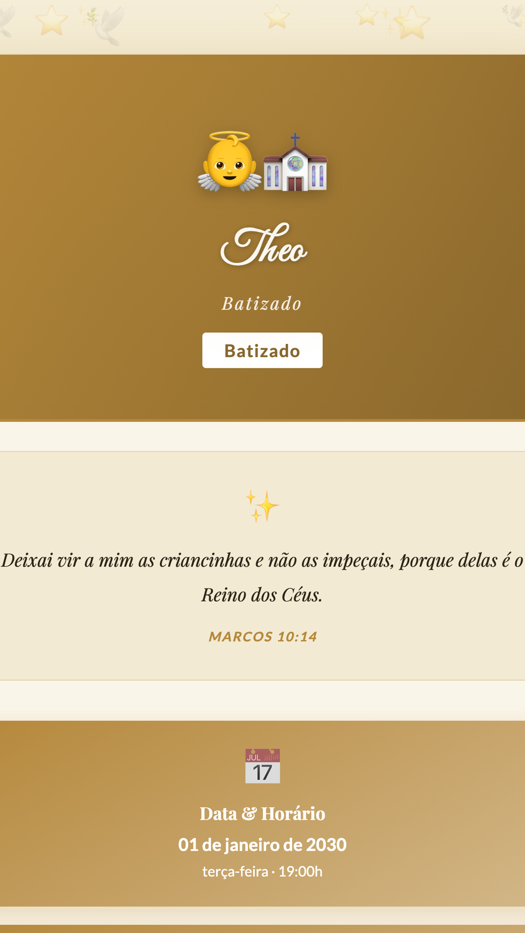 Convite digital de Batizado — tema Batizado Dourado Solene: Dourado e marfim com visual elegante e formal. Para cerimônias sofisticadas.