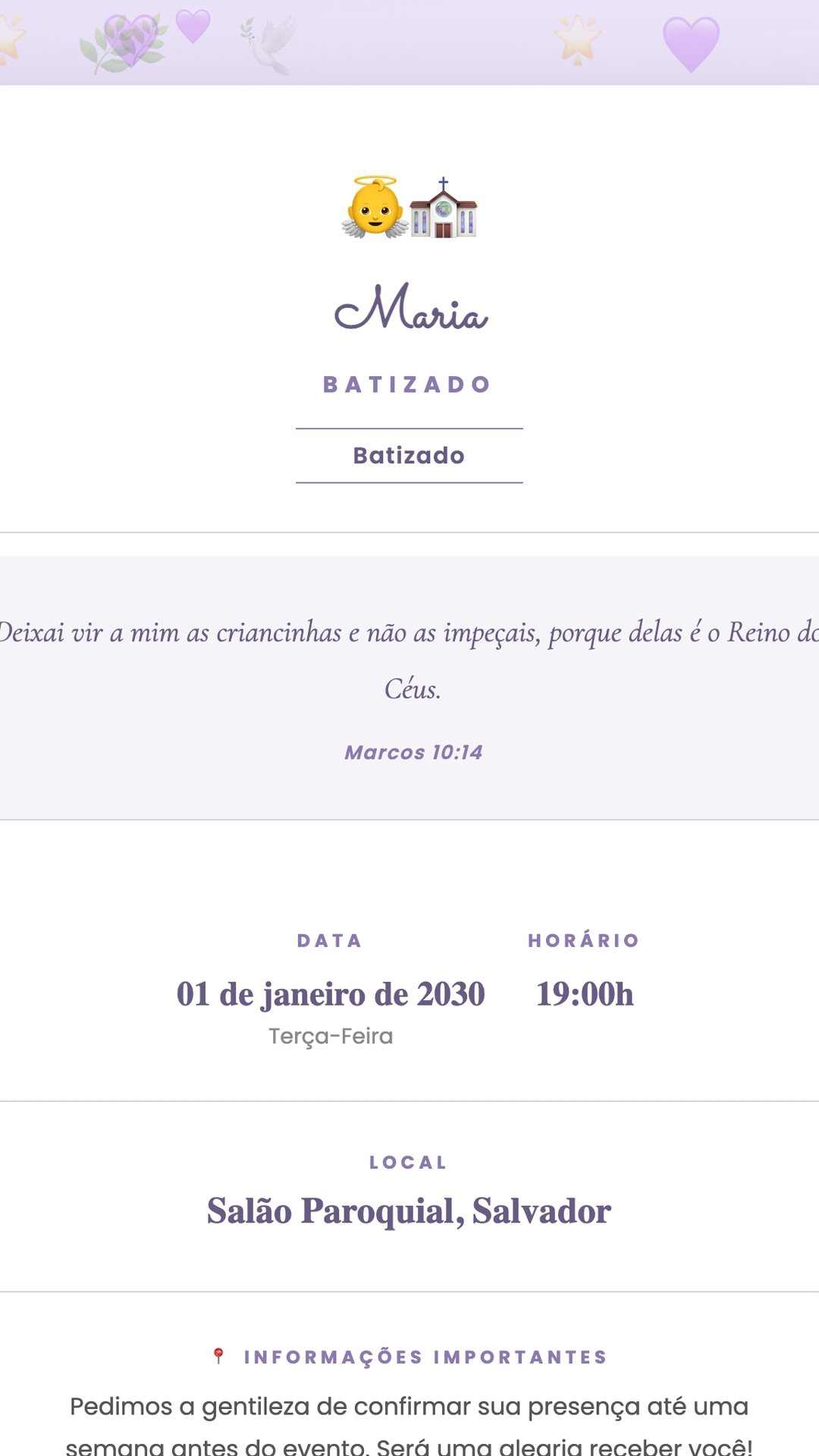Convite digital de Batizado — tema Batizado Lilás Moderno: Lilás e lavanda com design contemporâneo e clean. Neutro e elegante para qualquer batizado...
