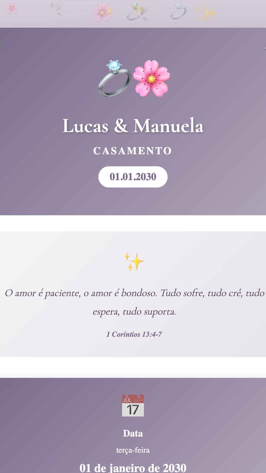Convite digital de Casamento — tema Casamento Branco Clássico: Lilás suave e tipografia clássica. Elegante e atemporal para casamentos tradicionais.