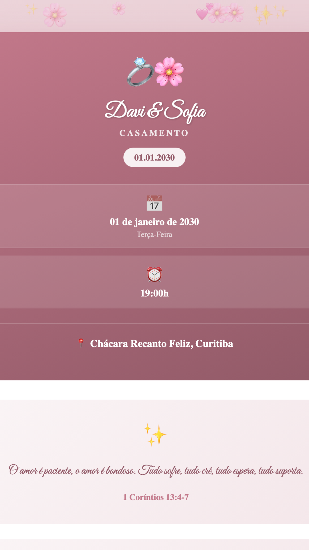 Convite digital de Casamento — tema Casamento Rosa Romântico: Rosa blush com fontes cursivas. Design romântico e delicado para celebrações apaixonadas.