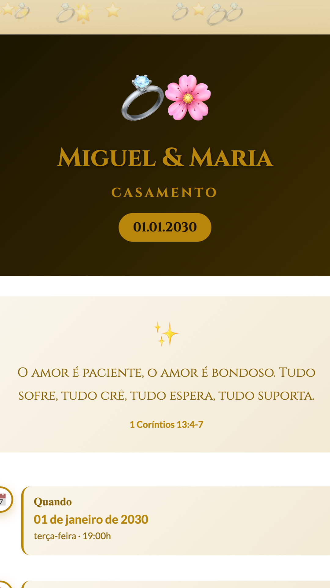 Convite digital de Casamento — tema Casamento Dourado Luxo: Dourado e preto com elegância máxima. Para casamentos sofisticados e cerimônias de alto pa...