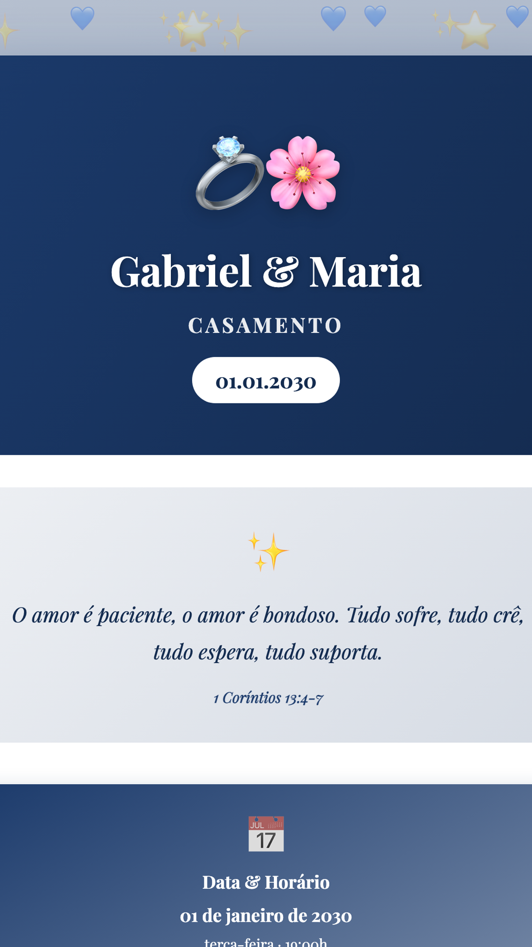 Convite digital de Casamento — tema Casamento Azul Safira: Azul marinho profundo com serifa elegante. Para casamentos modernos e noturnas.