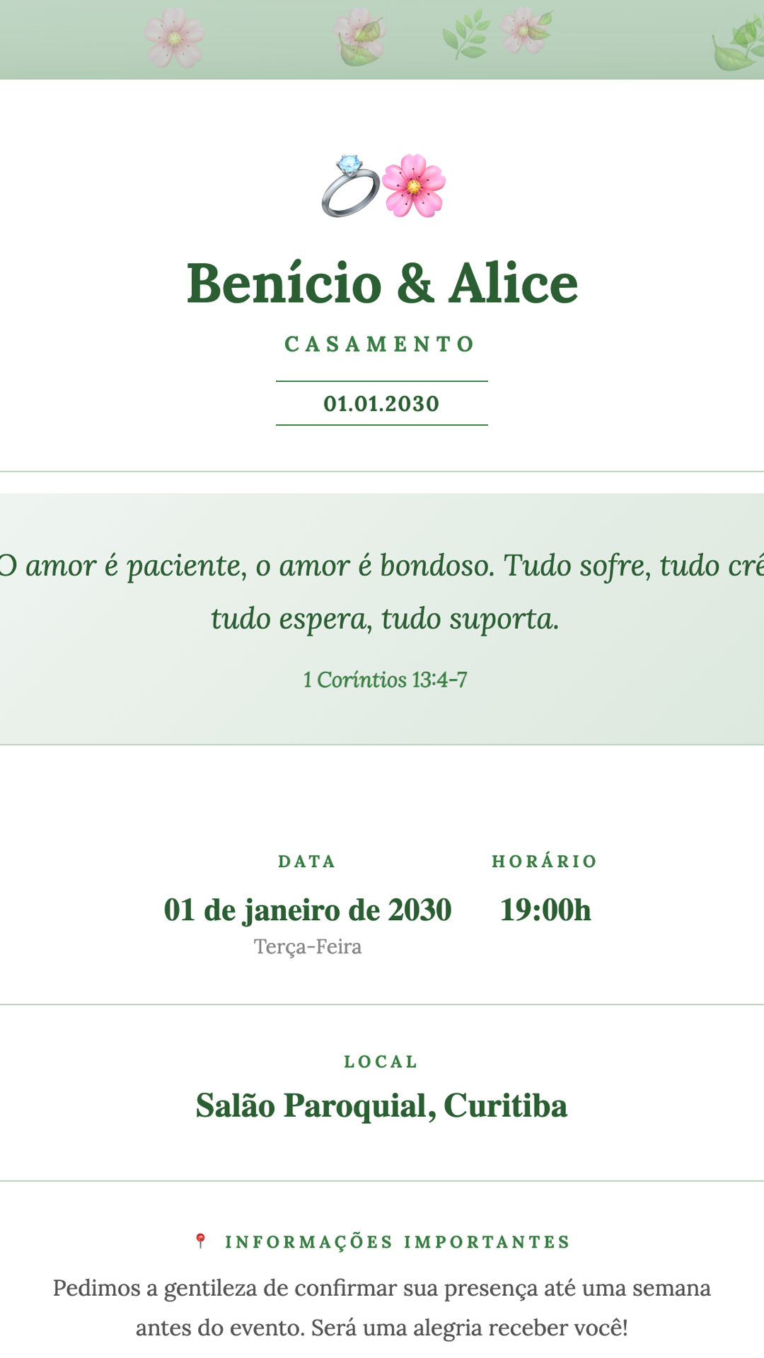 Convite digital de Casamento — tema Casamento Verde Jardim: Verde botânico com toque natural. Perfeito para casamentos ao ar livre e cerimônias jardim...