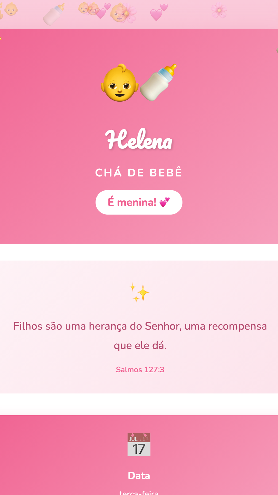 Convite digital de Chá de Bebê — tema Chá de Bebê Rosa: Rosa bebê delicado com balões e fofura. Para chás femininos cheios de amor.