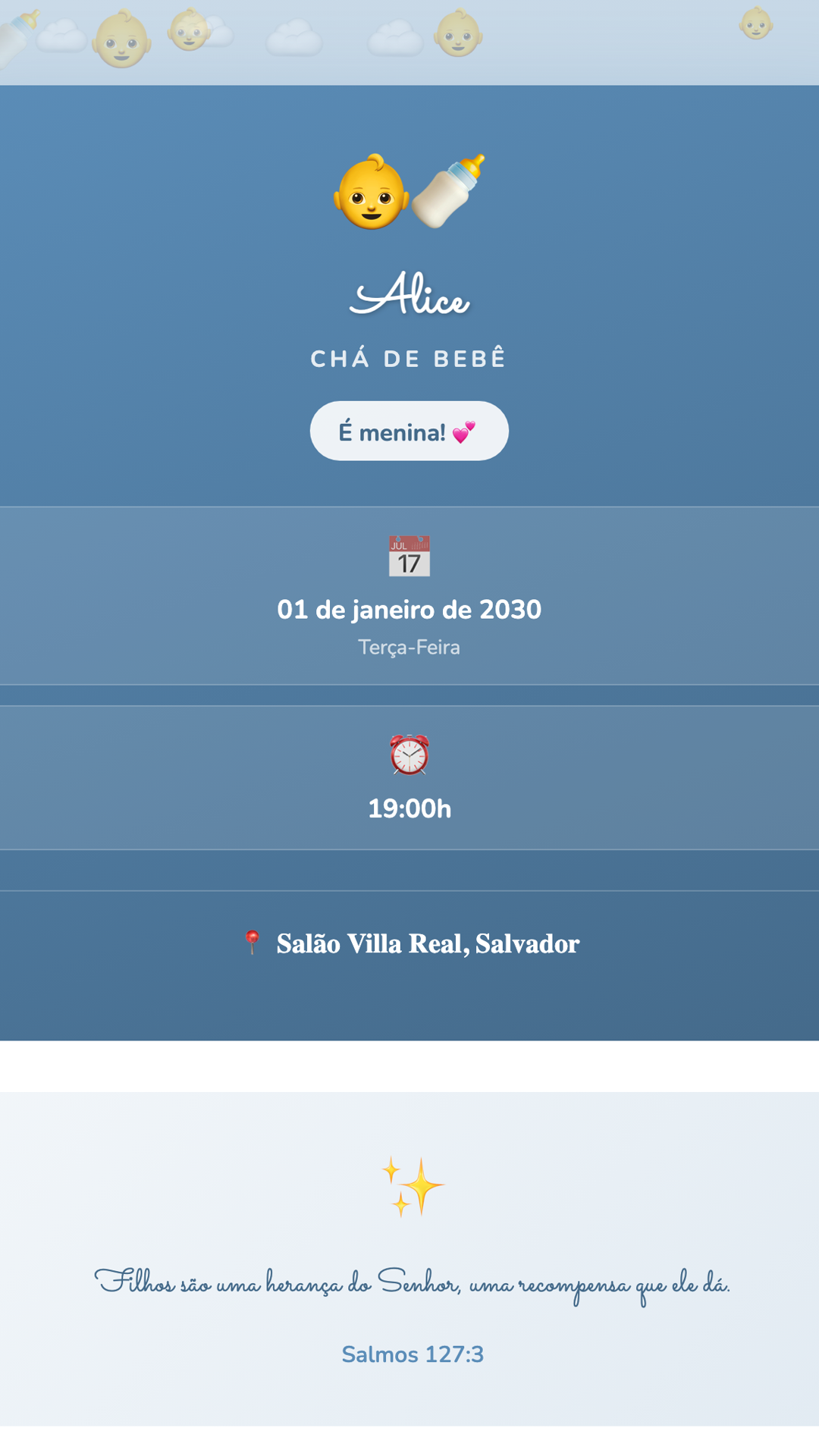 Convite digital de Chá de Bebê — tema Chá de Bebê Azul: Azul bebê suave com nuvens e pombas. Design tranquilo para chás masculinos.