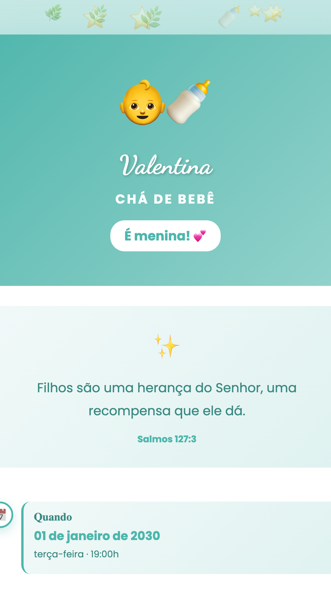 Convite digital de Chá de Bebê — tema Chá de Bebê Verde Menta: Verde menta refrescante e neutro. Elegante para chás de bebê sem revelação de gênero.