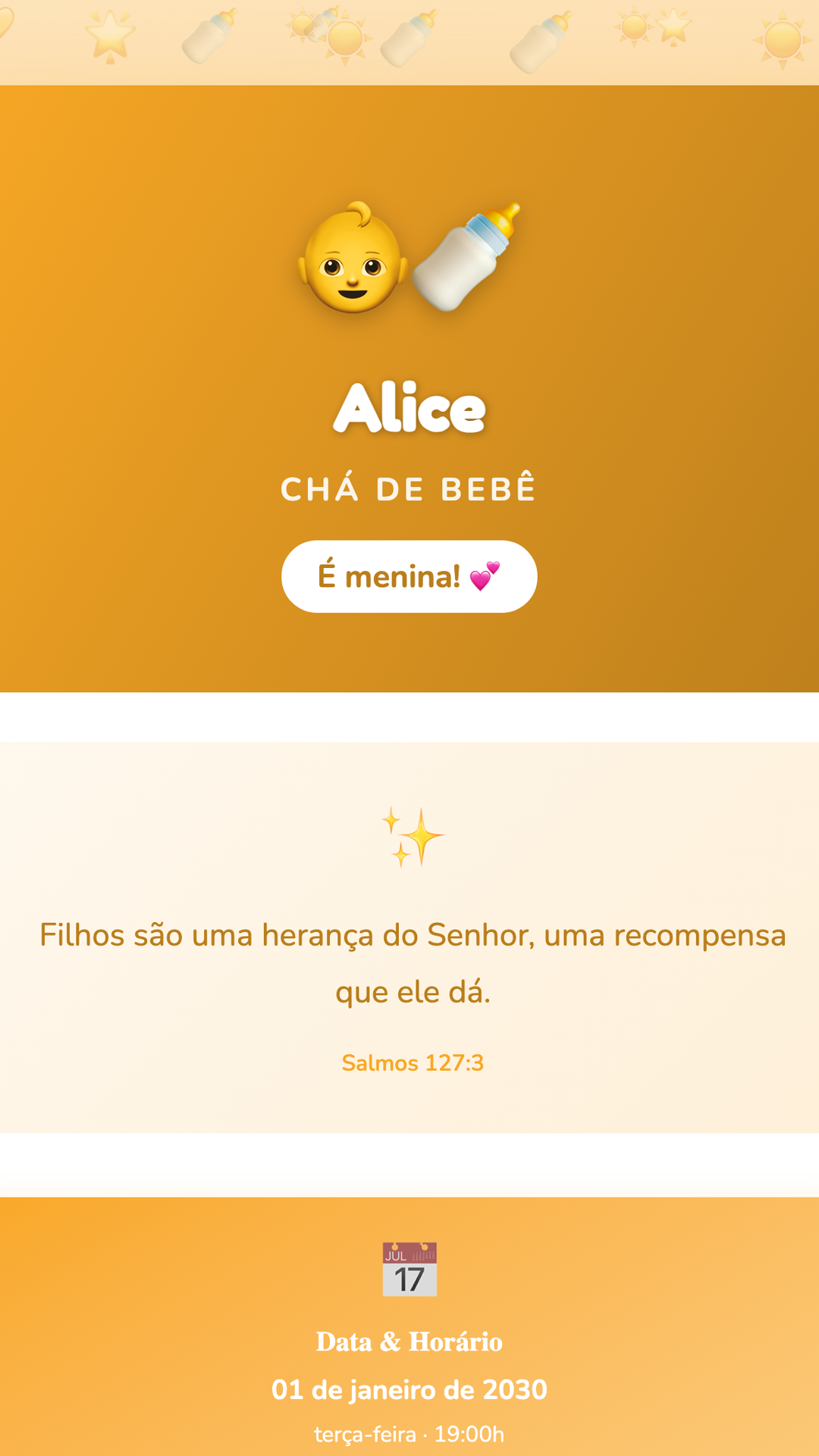 Convite digital de Chá de Bebê — tema Chá de Bebê Amarelo Sol: Amarelo ensolarado e alegre. Para chás de bebê iluminados e cheios de energia.