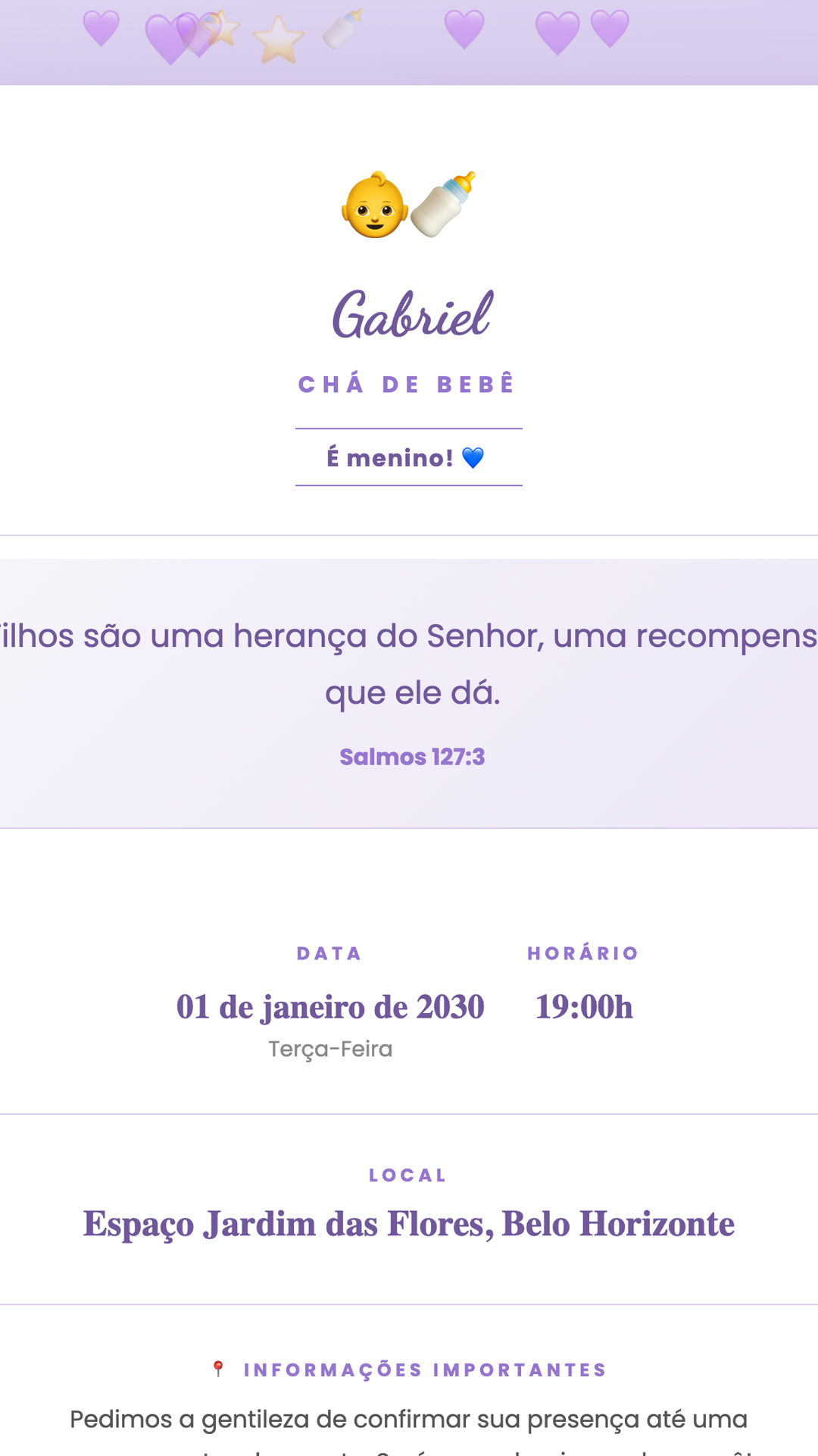 Convite digital de Chá de Bebê — tema Chá de Bebê Lilás Sonho: Lilás suave e encantador com fonte cursiva. Para chás de bebê com clima de conto de fadas.