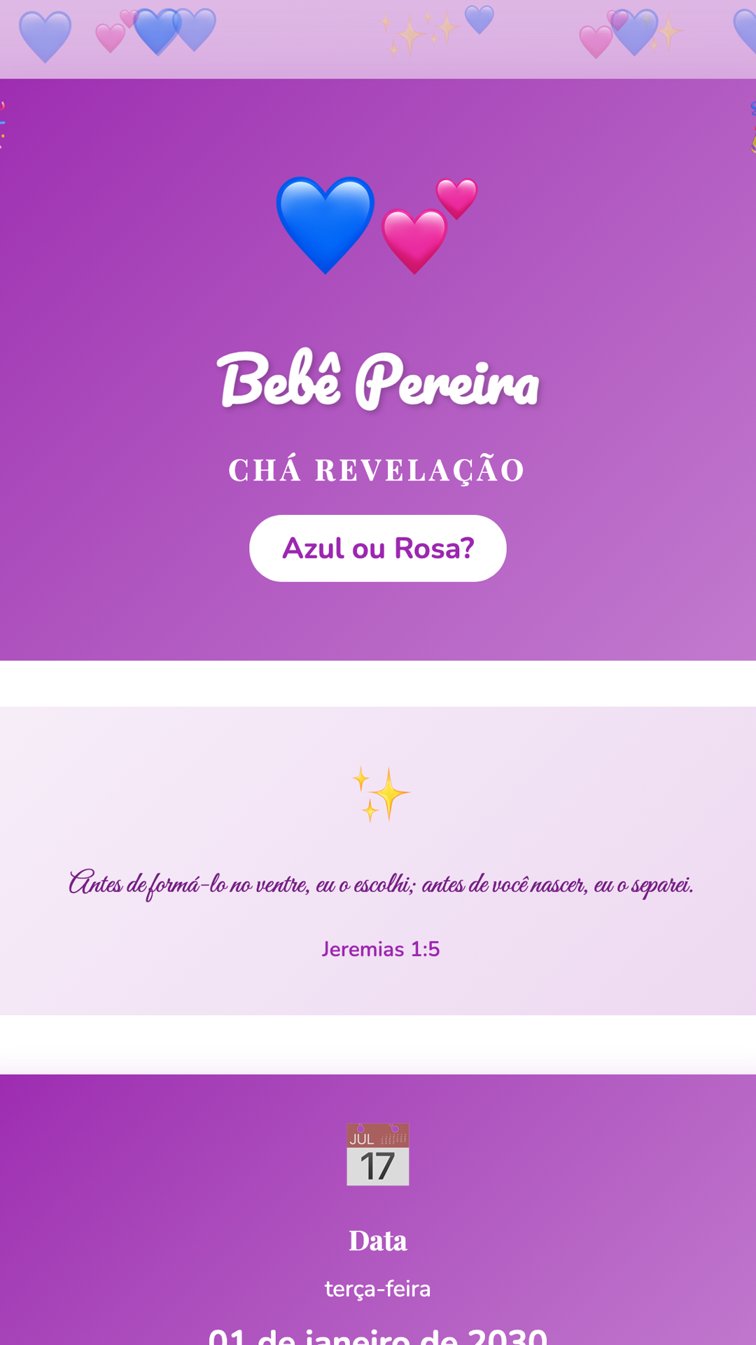 Convite digital de Chá Revelação — tema Chá Revelação Rosa & Azul: Roxo vibrante que une rosa e azul. O clássico convite de revelação de gênero.