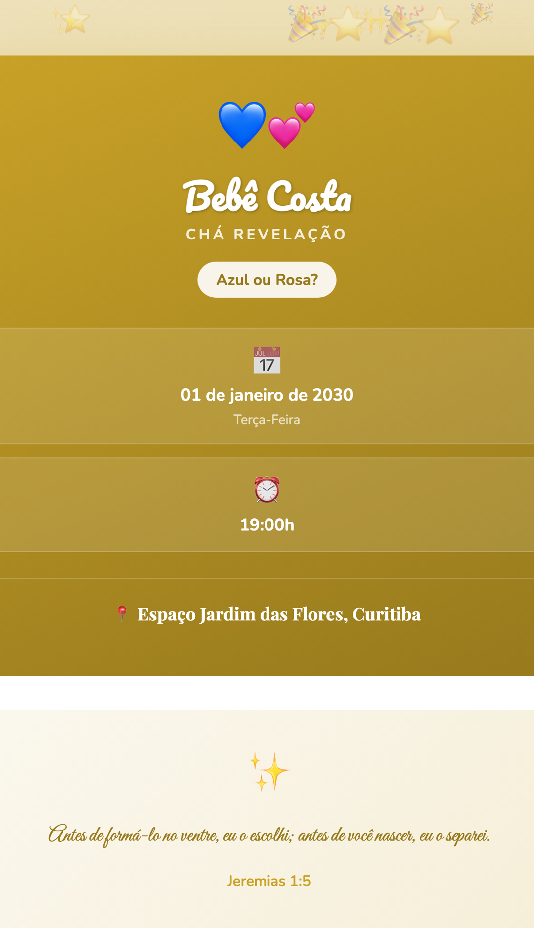Convite digital de Chá Revelação — tema Chá Revelação Dourado Surpresa: Dourado festivo com clima de surpresa. Para revelar o sexo do bebê com muito estilo.