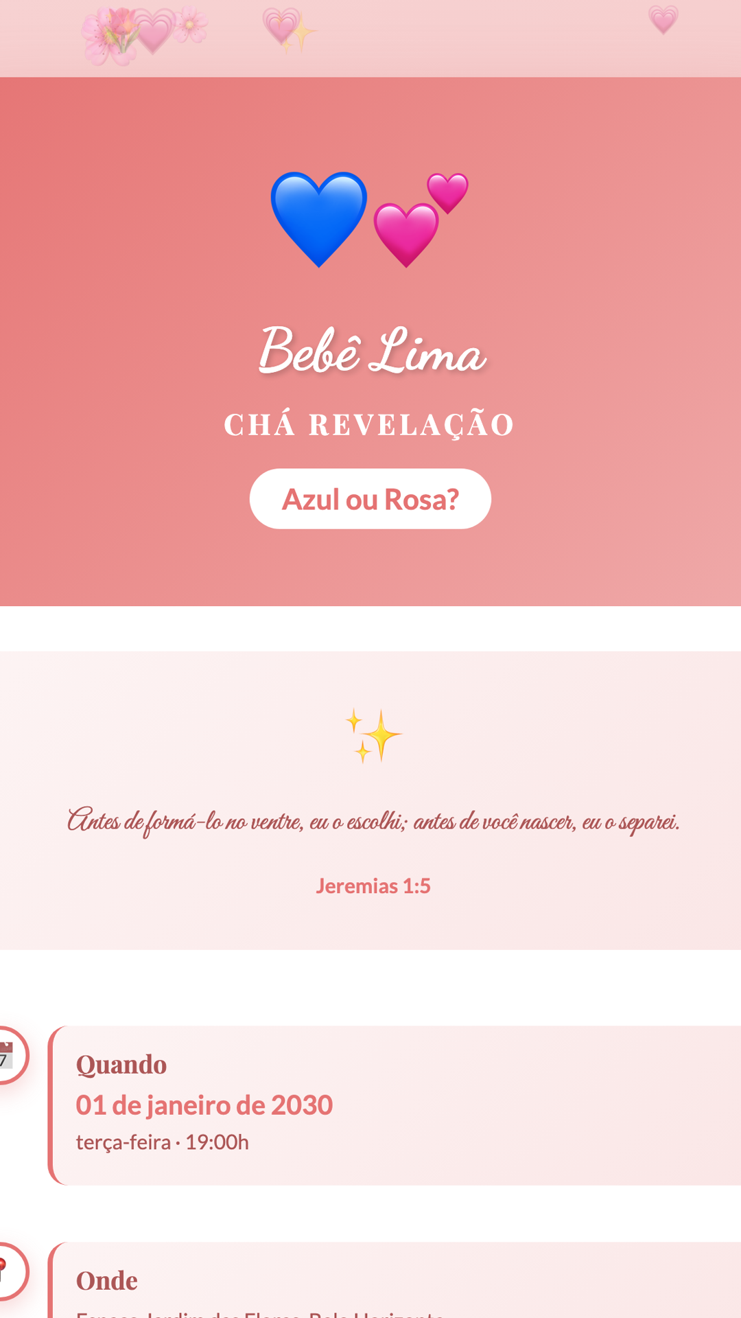 Convite digital de Chá Revelação — tema Chá Revelação Floral: Coral florido e delicado. Encantador para revelar a chegada do novo integrante.