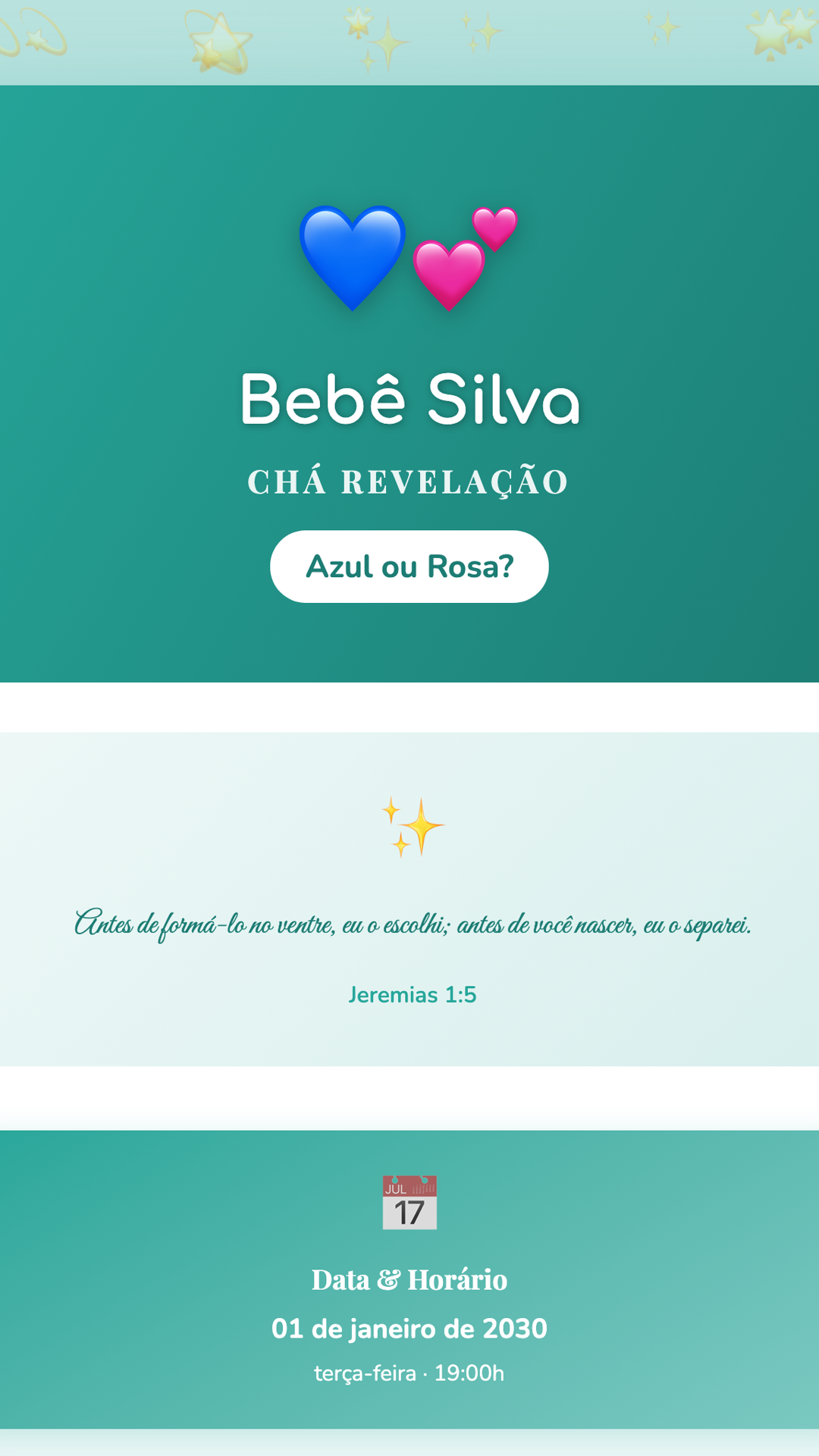 Convite digital de Chá Revelação — tema Chá Revelação Menta Moderna: Verde-água clean e contemporâneo. Design minimalista para revelações elegantes.