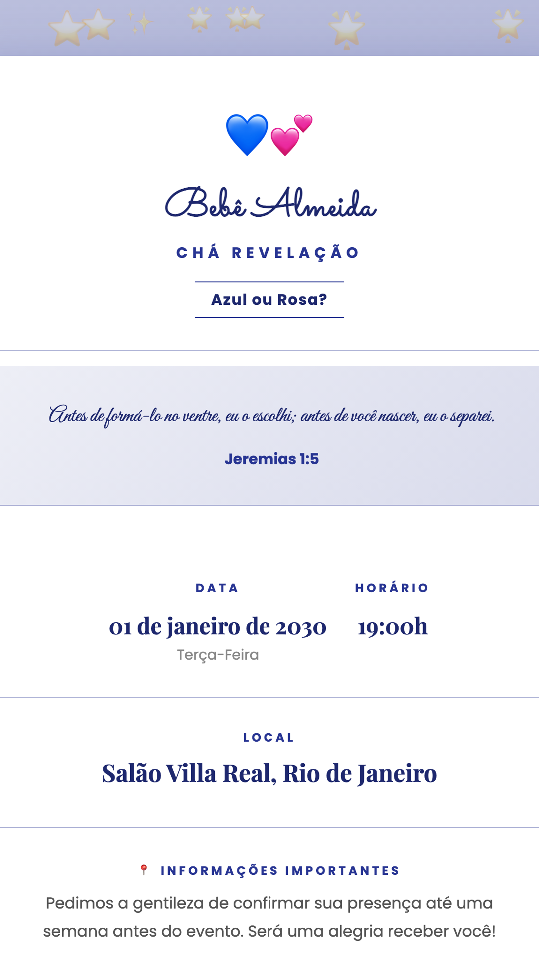 Convite digital de Chá Revelação — tema Chá Revelação Noite Estrelada: Azul noturno com estrelas brilhantes. Para revelar o segredo mais esperado sob um céu mági...