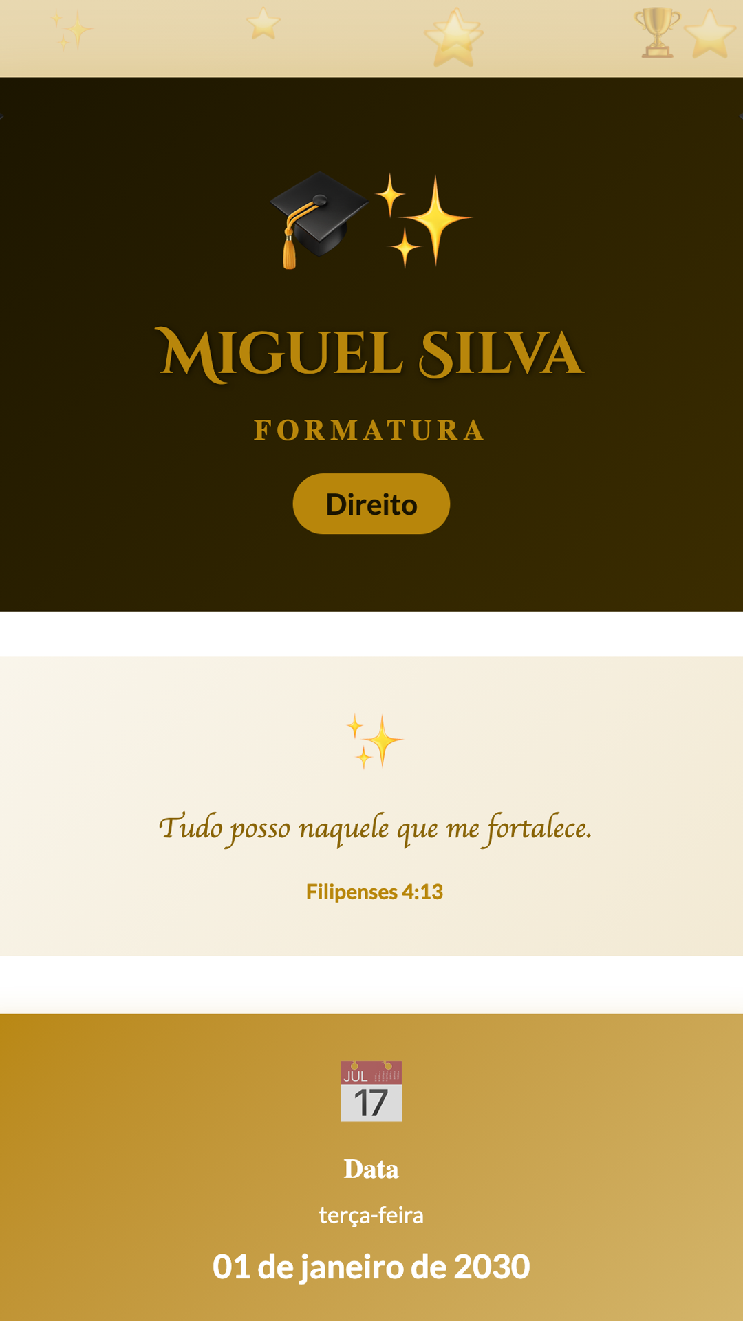 Convite digital de Formatura — tema Formatura Dourado Conquista: Dourado e preto com visual de troféu. Para celebrar a conquista do diploma com muito estil...