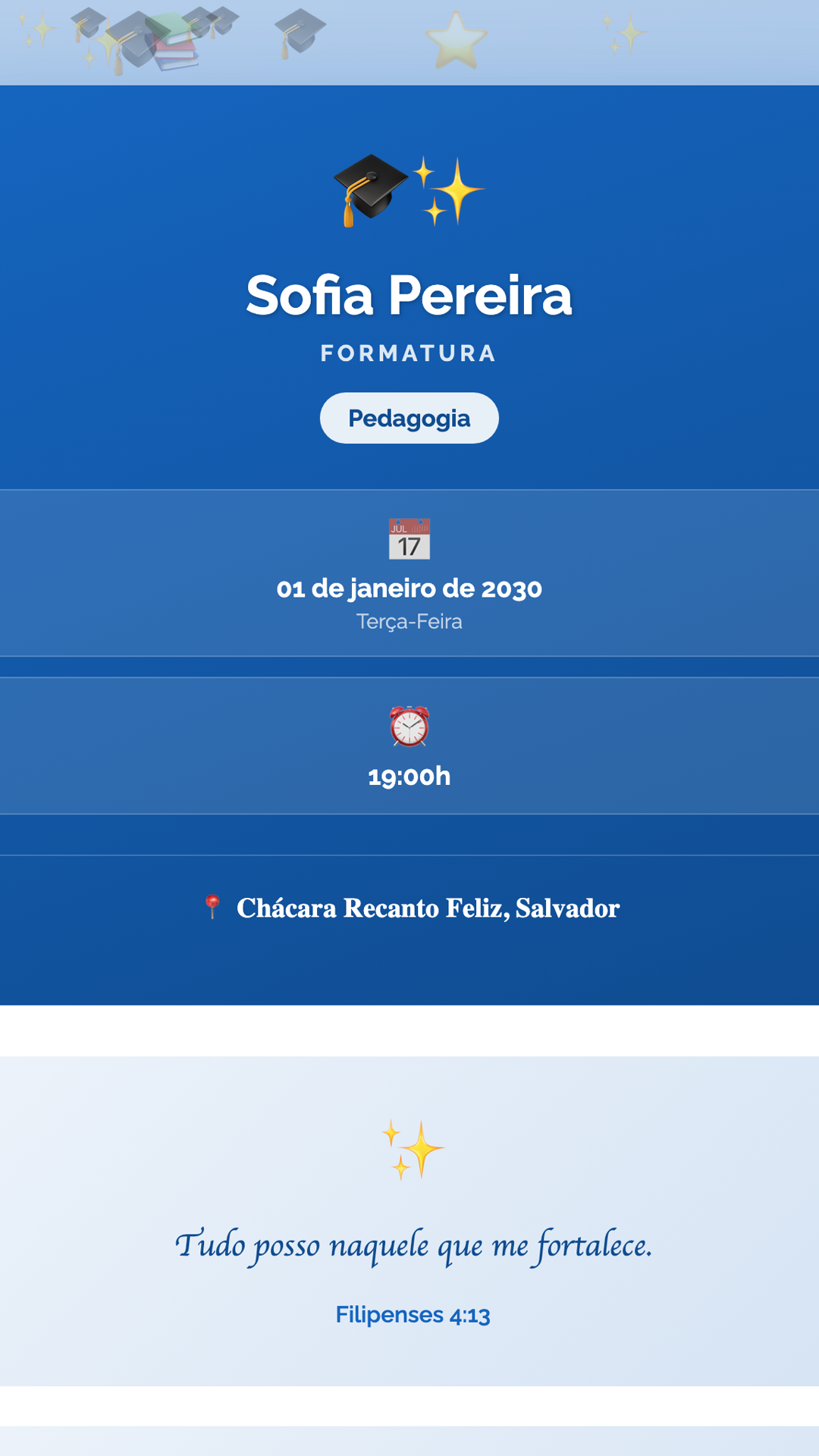 Convite digital de Formatura — tema Formatura Azul Acadêmico: Azul universitário com tipografia Raleway. Clássico e profissional para colações de grau.