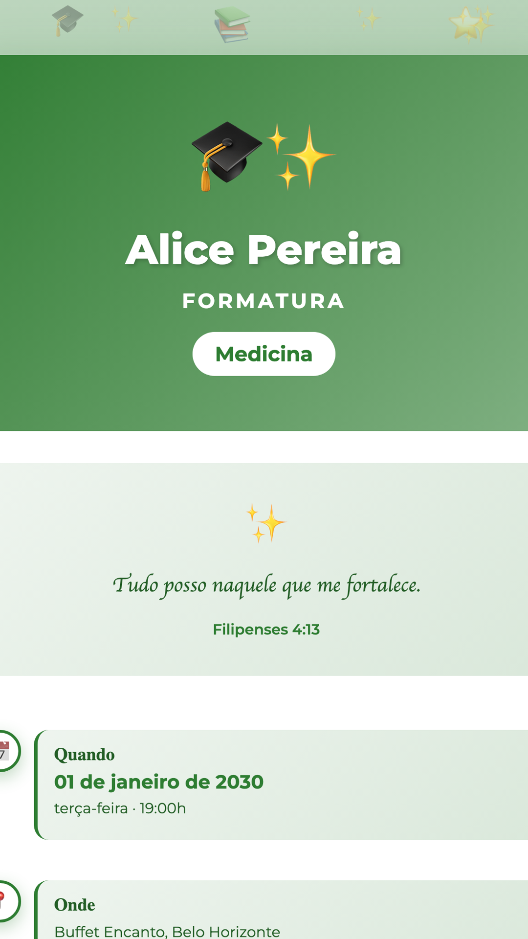 Convite digital de Formatura — tema Formatura Verde Vitória: Verde esperança com Montserrat bold. Celebre a vitória com frescor e modernidade.
