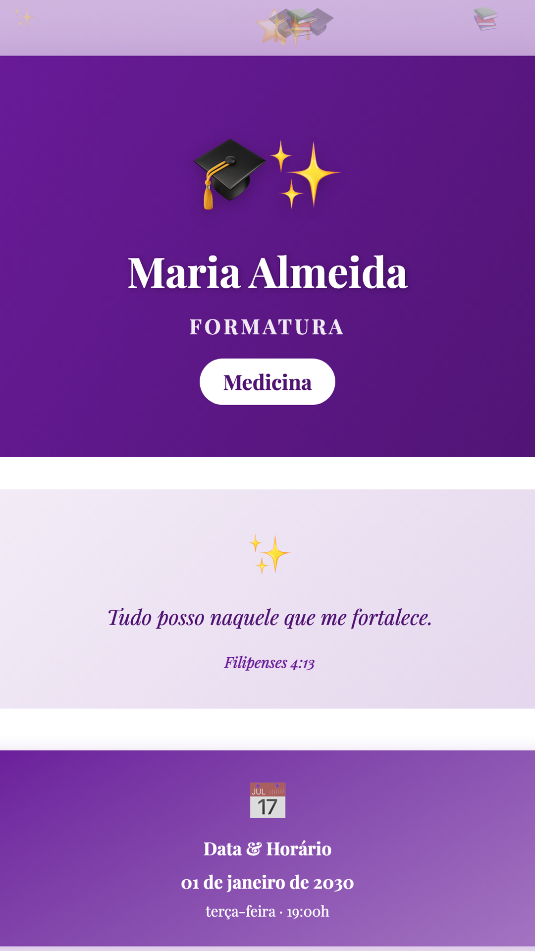 Convite digital de Formatura — tema Formatura Roxo Elegante: Roxo nobre com serifa Playfair Display. Para formandos que querem celebrar com sofisticaçã...