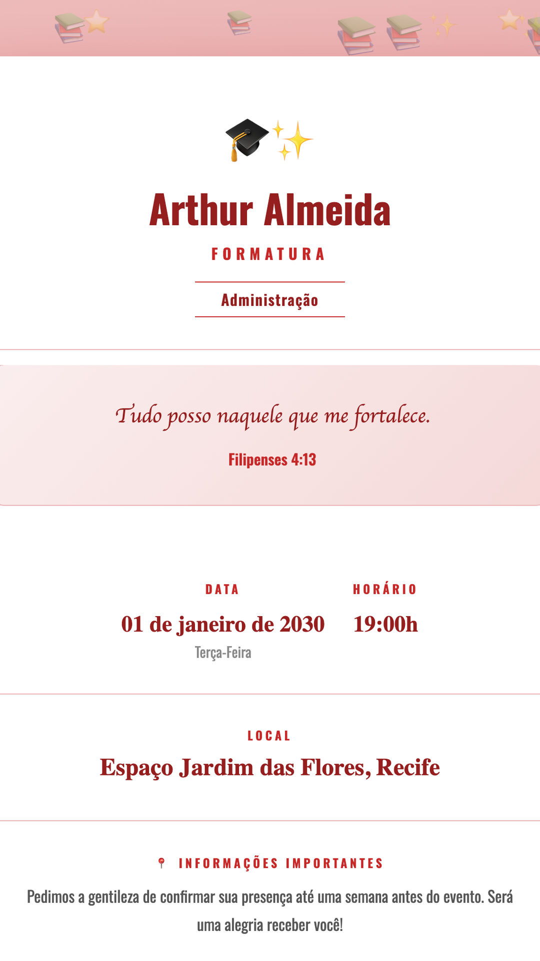 Convite digital de Formatura — tema Formatura Vermelho Conquista: Vermelho vibrante com Oswald bold. Design forte e marcante para celebrar grandes conquista...